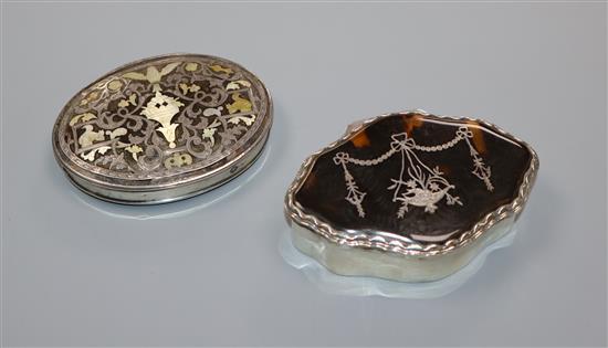 A George V silver and tortoiseshell pique trinket box by William Comyns and a white metal, mother of pearl and tortoiseshell box.